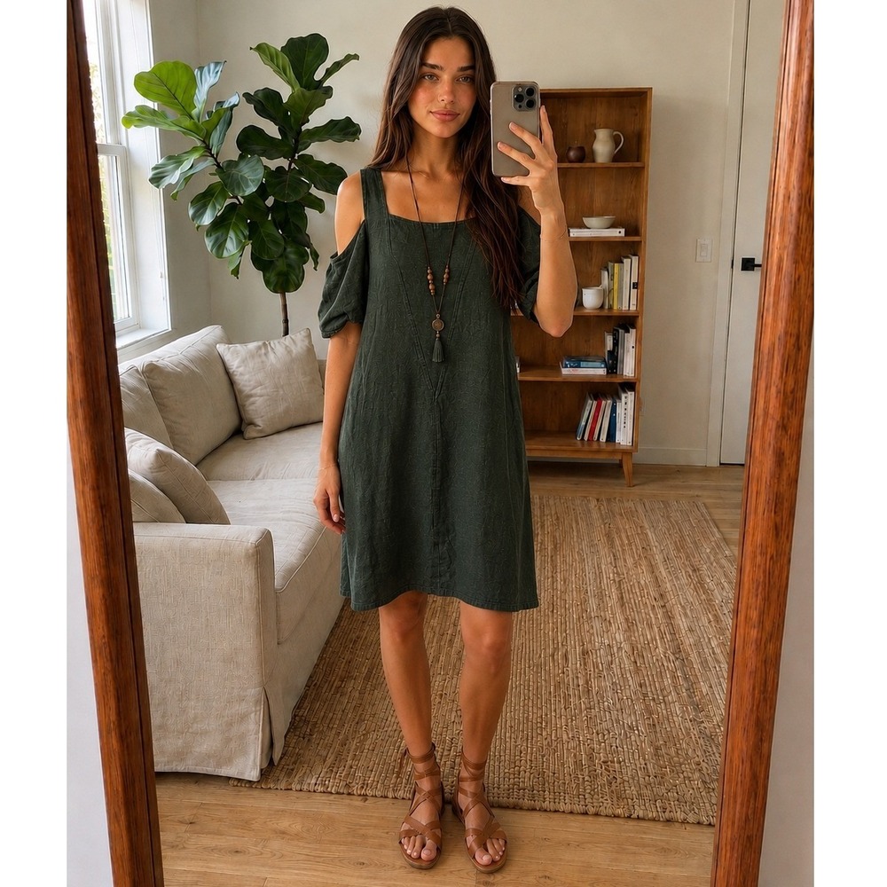 Soft Surroundings Linen Dress M Petite Green Cold Shoulder Lagenlook Coastal
